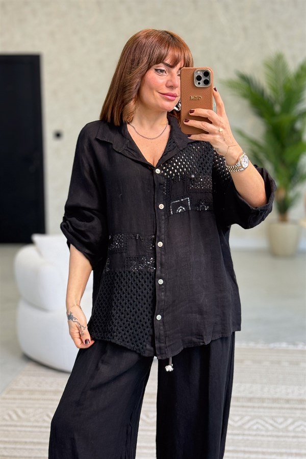 File Parçalı Keten Gömlek Siyah Renk