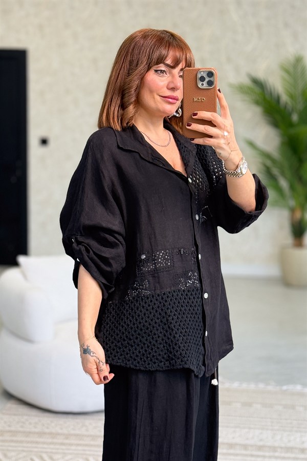 File Parçalı Keten Gömlek Siyah Renk