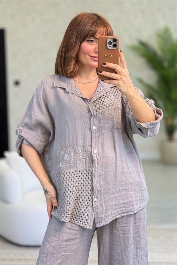 File Parçalı Keten Gömlek Vizon Renk