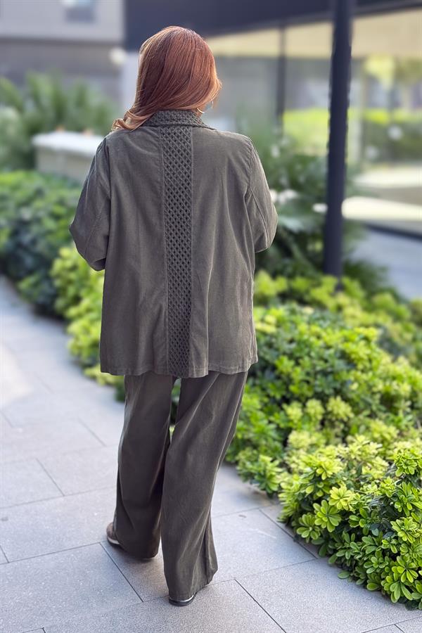 File Yaka Detaylı İnce Fitilli Kadife Blazer Ceket Haki Renk