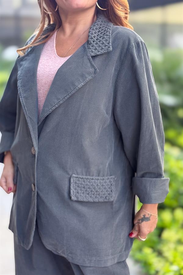 File Yaka Detaylı İnce Fitilli Kadife Blazer Ceket Antresit Renk