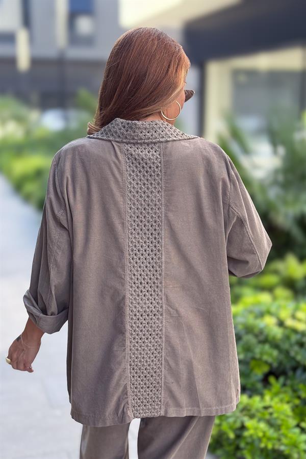 File Yaka Detaylı İnce Fitilli Kadife Blazer Ceket Vizon Renk