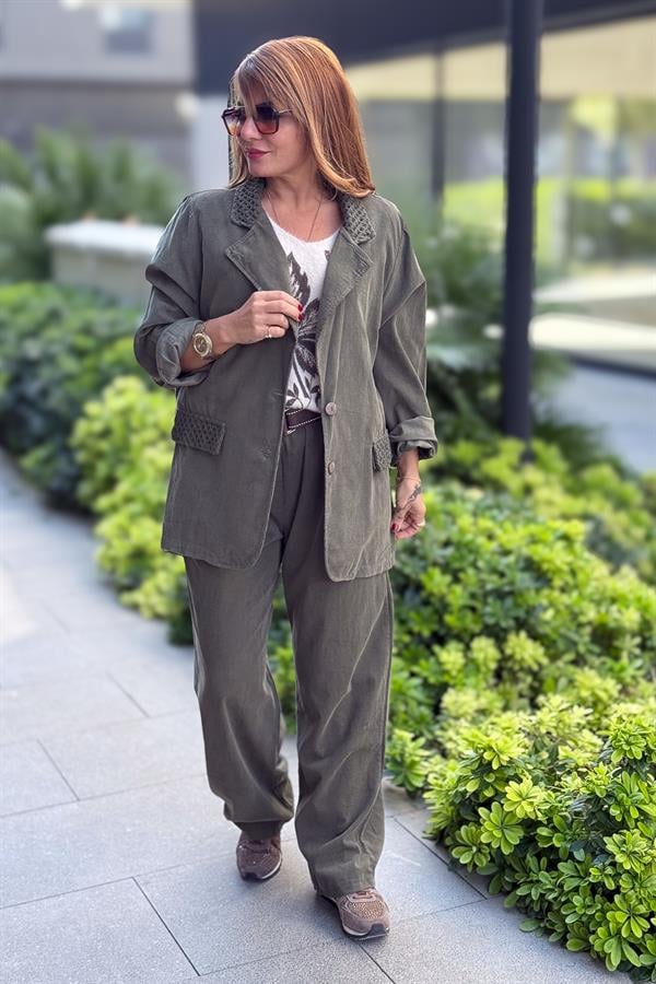 File Yaka Detaylı İnce Fitilli Kadife Blazer Ceket Haki Renk