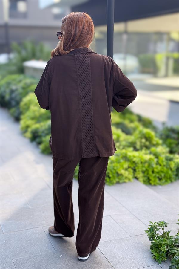 File Yaka Detaylı İnce Fitilli Kadife Blazer Ceket Kahverengi Renk