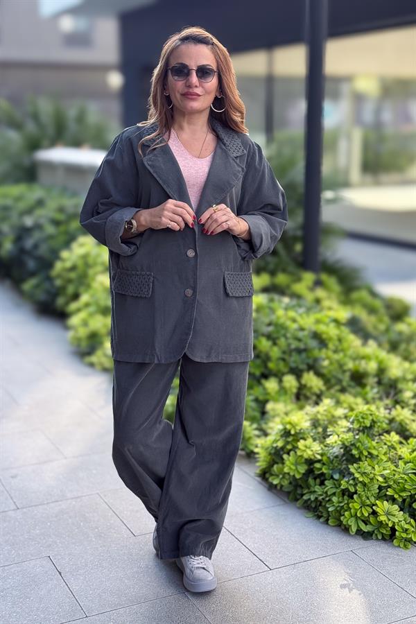 File Yaka Detaylı İnce Fitilli Kadife Blazer Ceket Antresit Renk