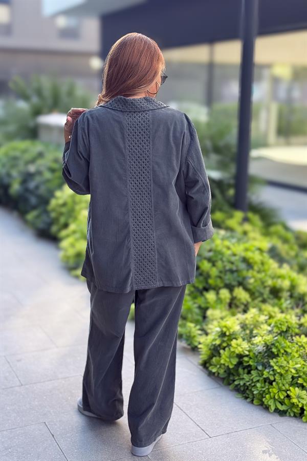 File Yaka Detaylı İnce Fitilli Kadife Blazer Ceket Antresit Renk