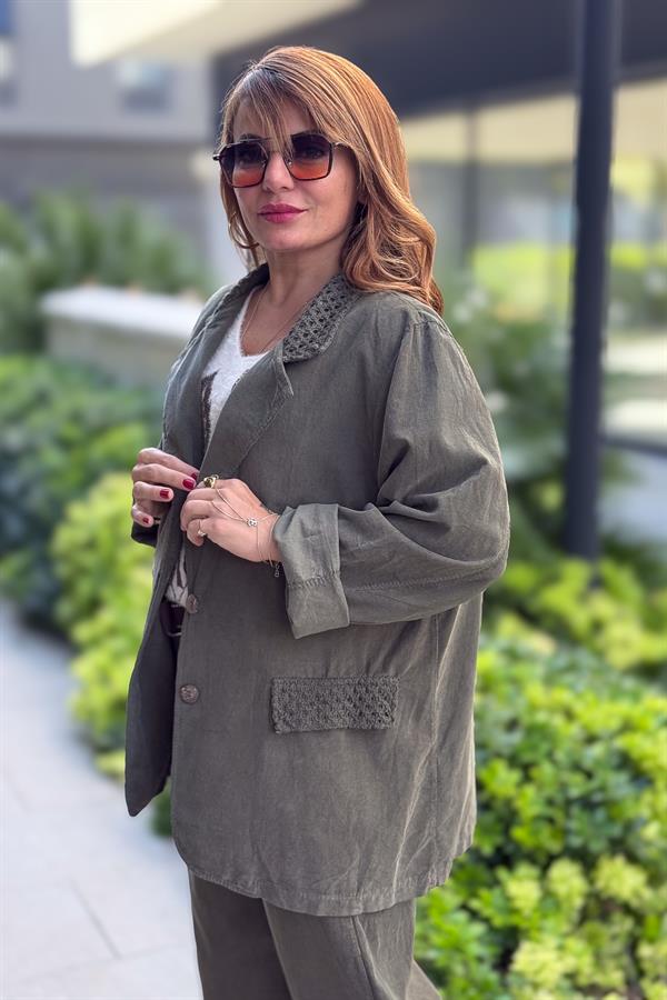 File Yaka Detaylı İnce Fitilli Kadife Blazer Ceket Haki Renk