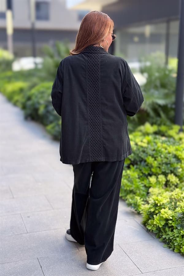 File Yaka Detaylı İnce Fitilli Kadife Blazer Ceket Siyah Renk