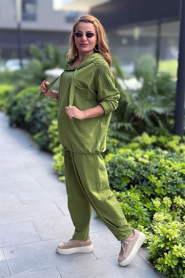 File Yama Detaylı Alt Üst Kapüşonlu Eşorfman Takım Fıstık Yeşil Renk