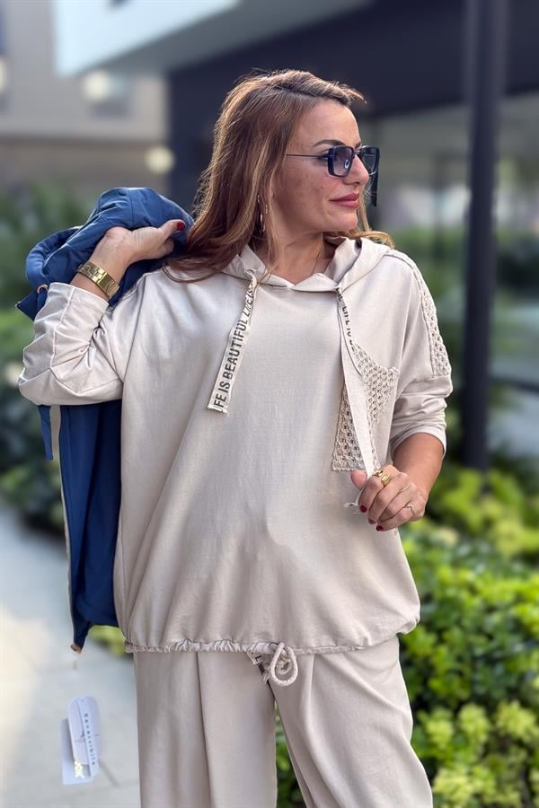 File Yama Detaylı Alt Üst Kapüşonlu Eşorfman Takım Krem Renk