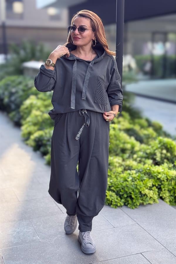 File Yama Detaylı Alt Üst Kapüşonlu Eşorfman Takım Antresit Renk