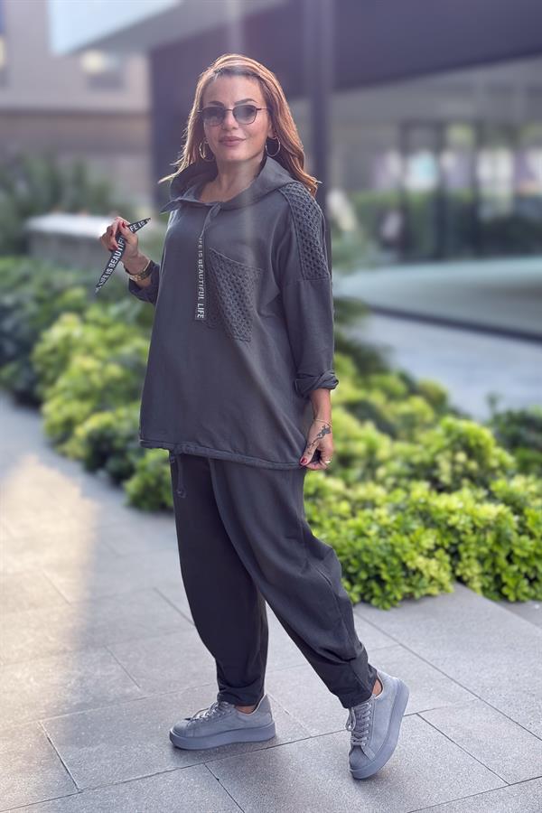 File Yama Detaylı Alt Üst Kapüşonlu Eşorfman Takım Antresit Renk