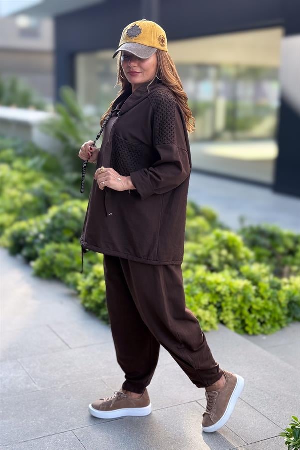 File Yama Detaylı Alt Üst Kapüşonlu Eşorfman Takım Kahverengi Renk