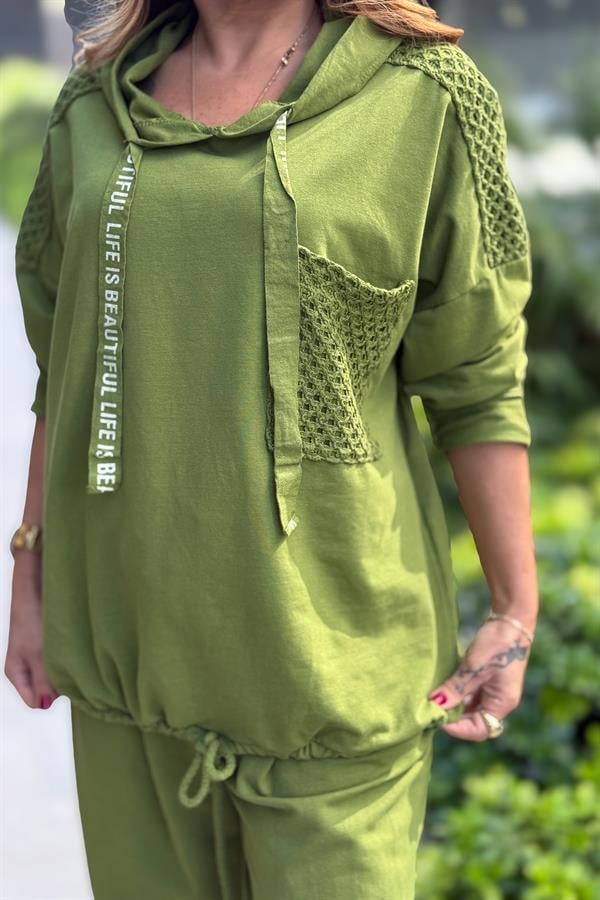 File Yama Detaylı Alt Üst Kapüşonlu Eşorfman Takım Fıstık Yeşil Renk