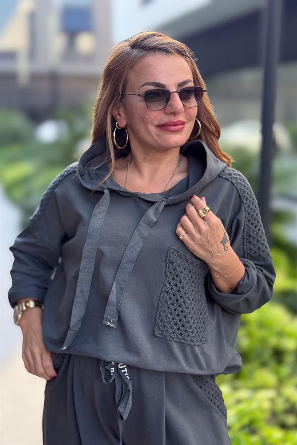 File Yama Detaylı Alt Üst Kapüşonlu Eşorfman Takım Antresit Renk