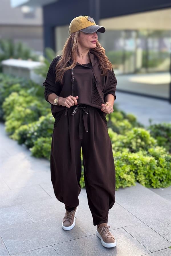 File Yama Detaylı Alt Üst Kapüşonlu Eşorfman Takım Kahverengi Renk