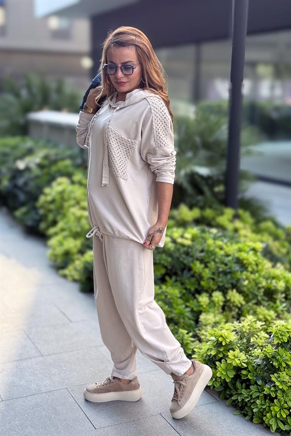 File Yama Detaylı Alt Üst Kapüşonlu Eşorfman Takım Krem Renk