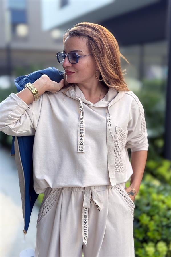 File Yama Detaylı Alt Üst Kapüşonlu Eşorfman Takım Krem Renk