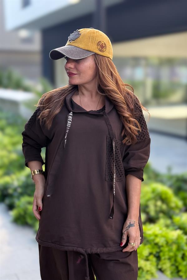 File Yama Detaylı Alt Üst Kapüşonlu Eşorfman Takım Kahverengi Renk