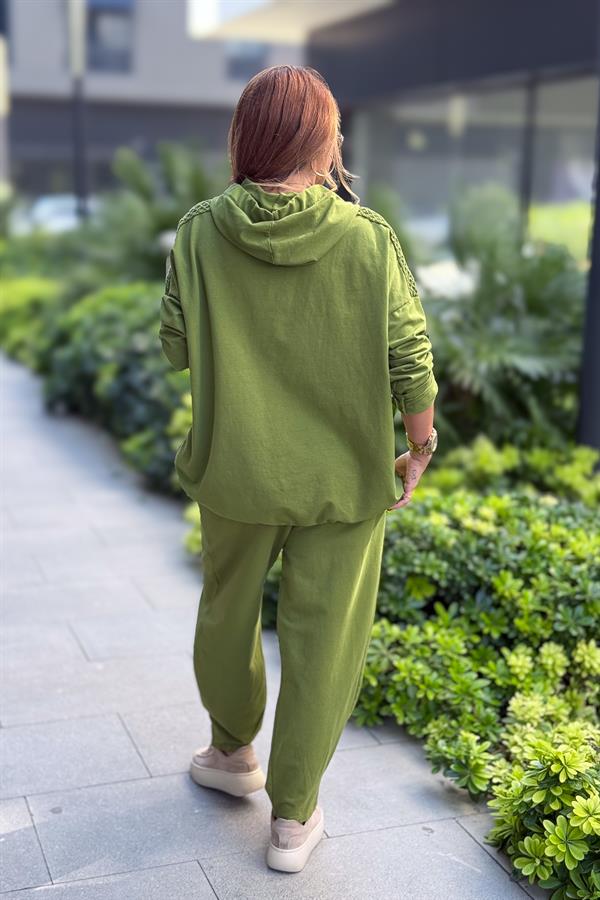 File Yama Detaylı Alt Üst Kapüşonlu Eşorfman Takım Fıstık Yeşil Renk