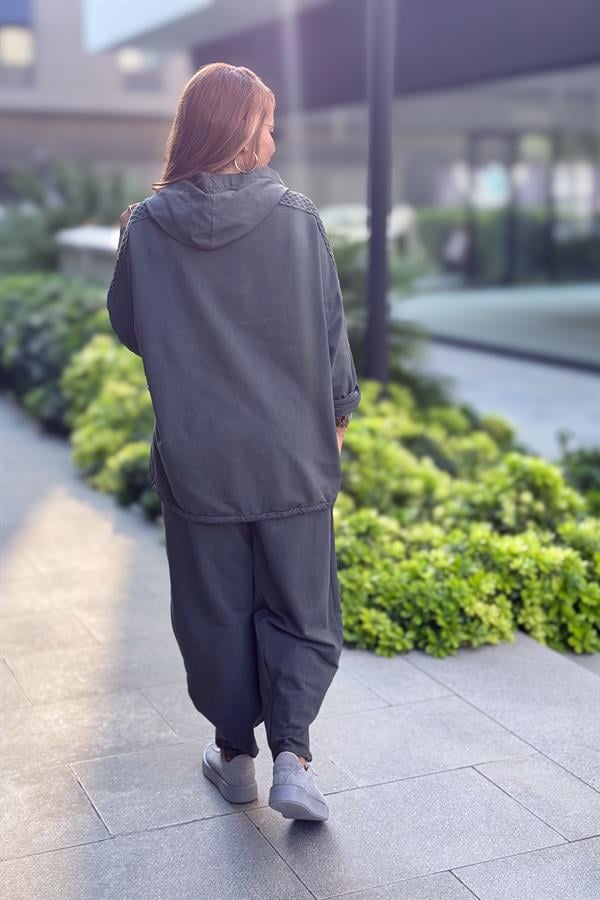 File Yama Detaylı Alt Üst Kapüşonlu Eşorfman Takım Antresit Renk