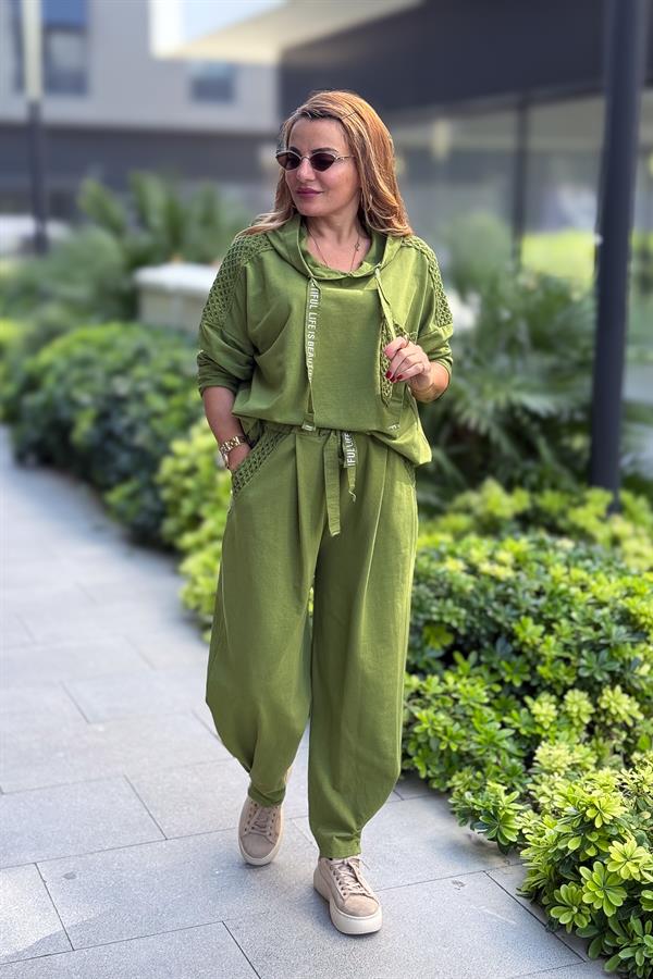 File Yama Detaylı Alt Üst Kapüşonlu Eşorfman Takım Fıstık Yeşil Renk