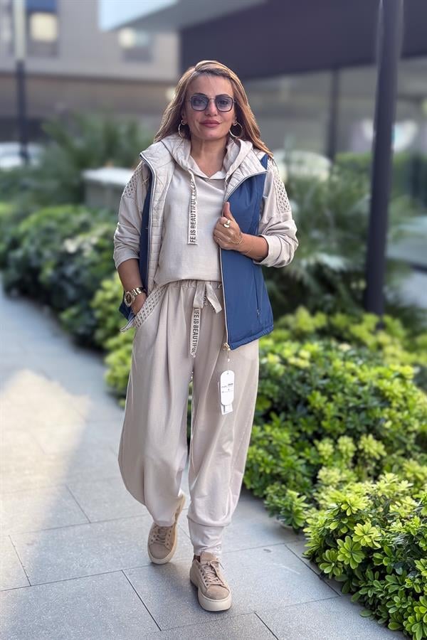 File Yama Detaylı Alt Üst Kapüşonlu Eşorfman Takım Krem Renk