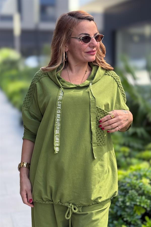 File Yama Detaylı Alt Üst Kapüşonlu Eşorfman Takım Fıstık Yeşil Renk