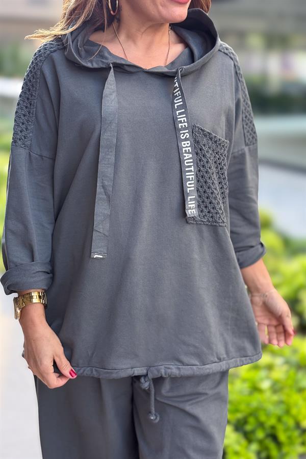 File Yama Detaylı Alt Üst Kapüşonlu Eşorfman Takım Antresit Renk