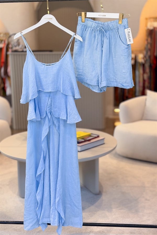 Fırfır Detaylı Alt Üst Şortlu Keten Takım Bebe Mavi RenkALT ÜST TAKIM