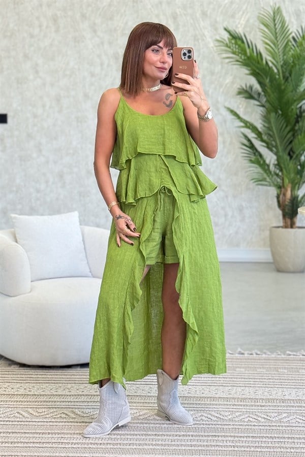 Fırfır Detaylı Alt Üst Şortlu Keten Takım Fıstık Yeşil RenkALT ÜST TAKIM