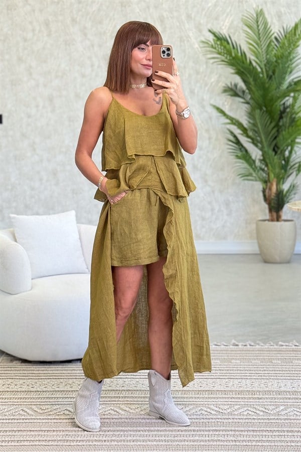 Fırfır Detaylı Alt Üst Şortlu Keten Takım Yağ Yeşili RenkALT ÜST TAKIM