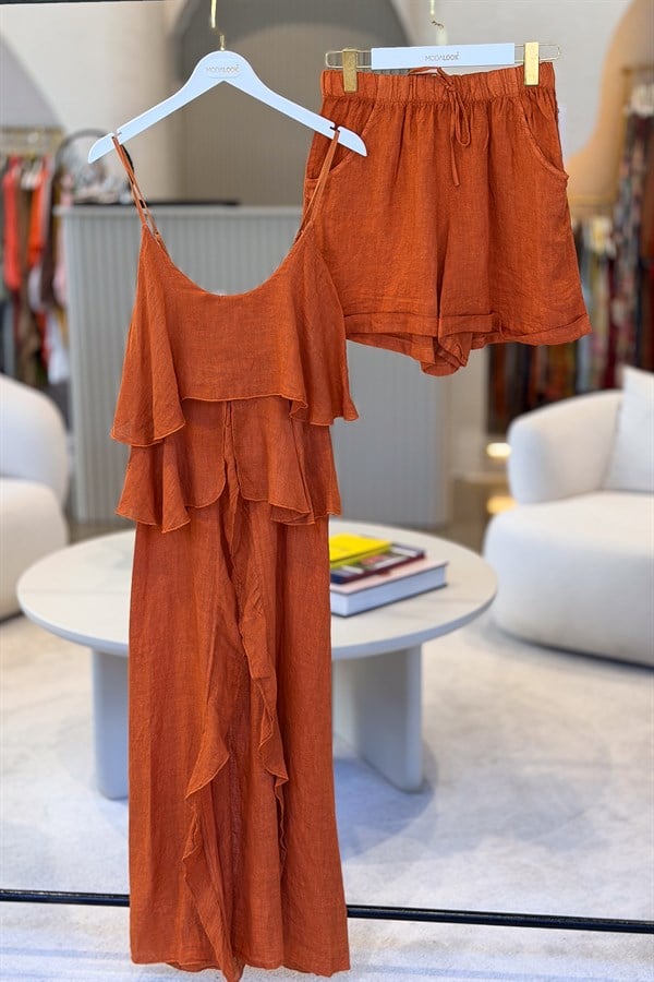 Fırfır Detaylı Alt Üst Şortlu Keten Takım Kiremit RenkALT ÜST TAKIM