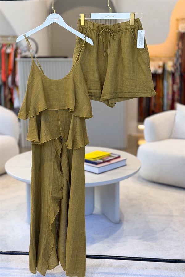 Fırfır Detaylı Alt Üst Şortlu Keten Takım Yağ Yeşili RenkALT ÜST TAKIM