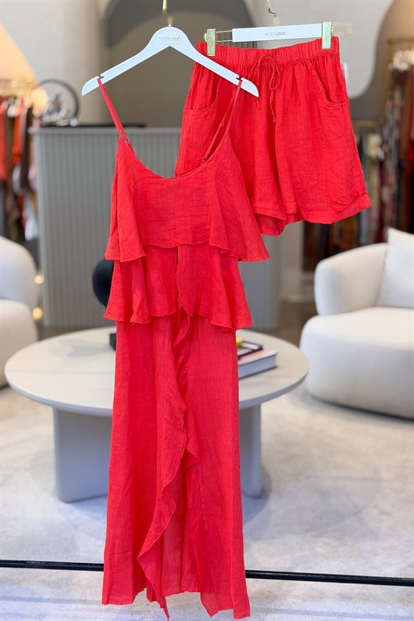 Fırfır Detaylı Alt Üst Şortlu Keten Takım Nar Çiçeği RenkALT ÜST TAKIM