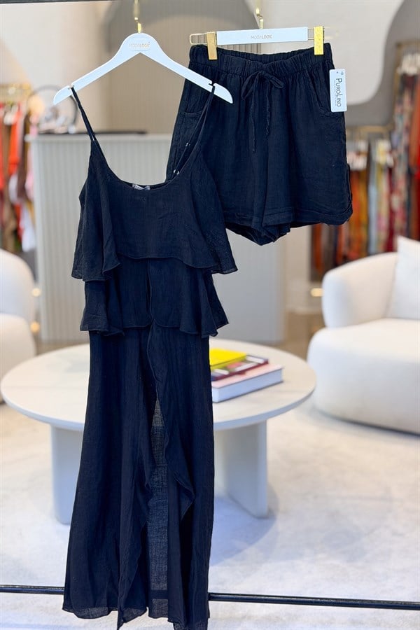 Fırfır Detaylı Alt Üst Şortlu Keten Takım Siyah RenkALT ÜST TAKIM