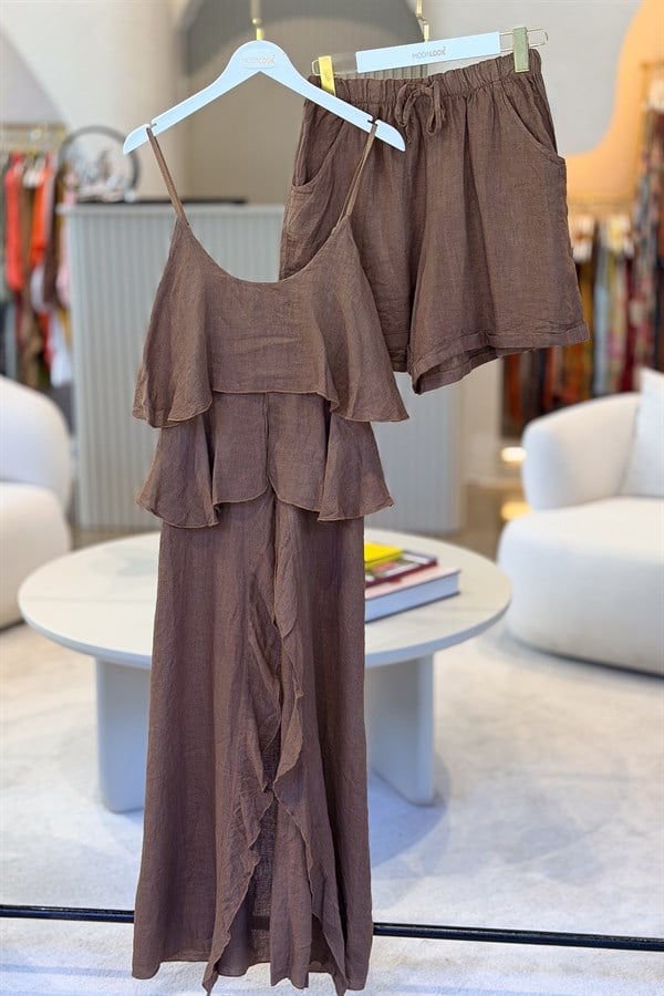 Fırfır Detaylı Alt Üst Şortlu Keten Takım Kahverengi RenkALT ÜST TAKIM