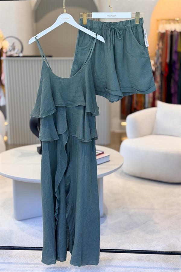 Fırfır Detaylı Alt Üst Şortlu Keten Takım Haki RenkALT ÜST TAKIM