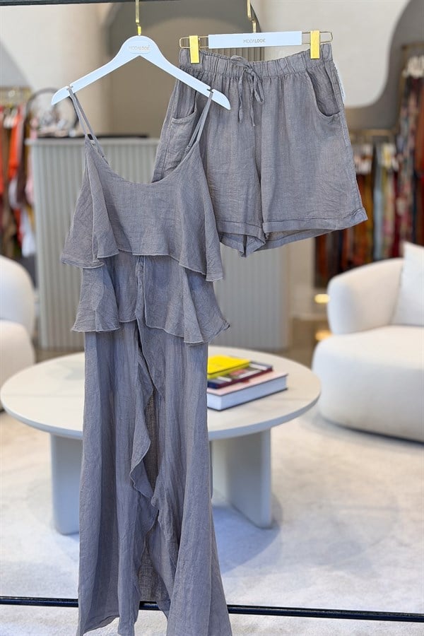 Fırfır Detaylı Alt Üst Şortlu Keten Takım Vizon RenkALT ÜST TAKIM