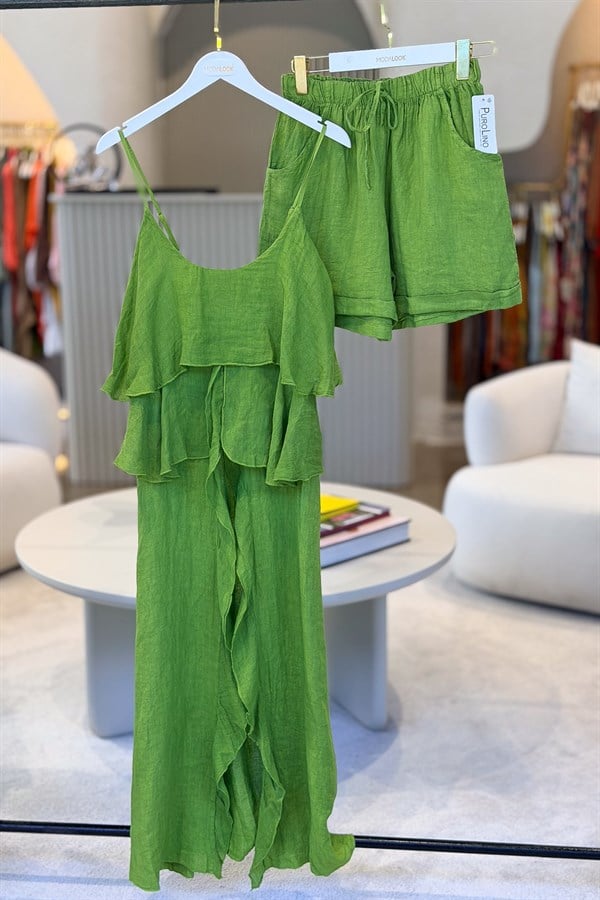 Fırfır Detaylı Alt Üst Şortlu Keten Takım Fıstık Yeşil RenkALT ÜST TAKIM