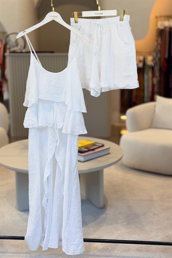 Fırfır Detaylı Alt Üst Şortlu Keten Takım Beyaz RenkALT ÜST TAKIM