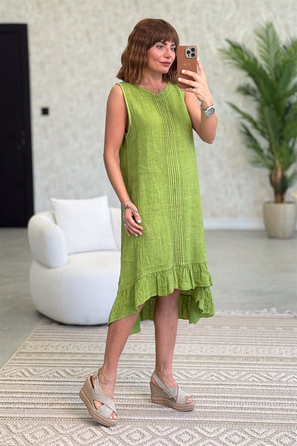 Fırfır Detaylı Önden Şeritli Kolsuz Keten Elbise Fıstık Yeşil Renk
