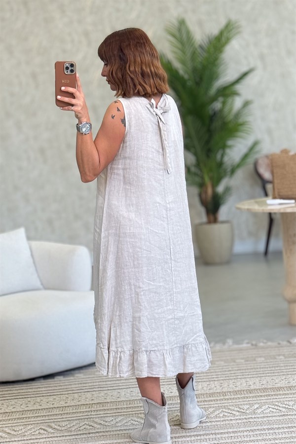 Fırfır Detaylı Önden Şeritli Kolsuz Keten Elbise Bej Renk