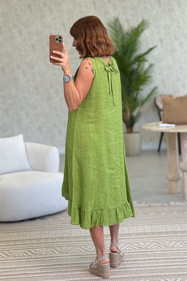Fırfır Detaylı Önden Şeritli Kolsuz Keten Elbise Fıstık Yeşil Renk