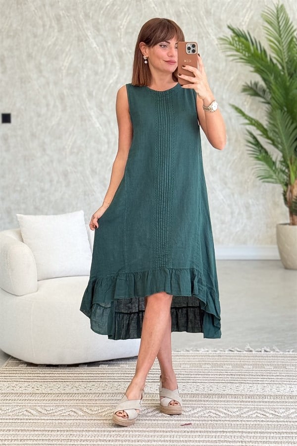 Fırfır Detaylı Önden Şeritli Kolsuz Keten Elbise Nefti Yeşil RenkELBİSE