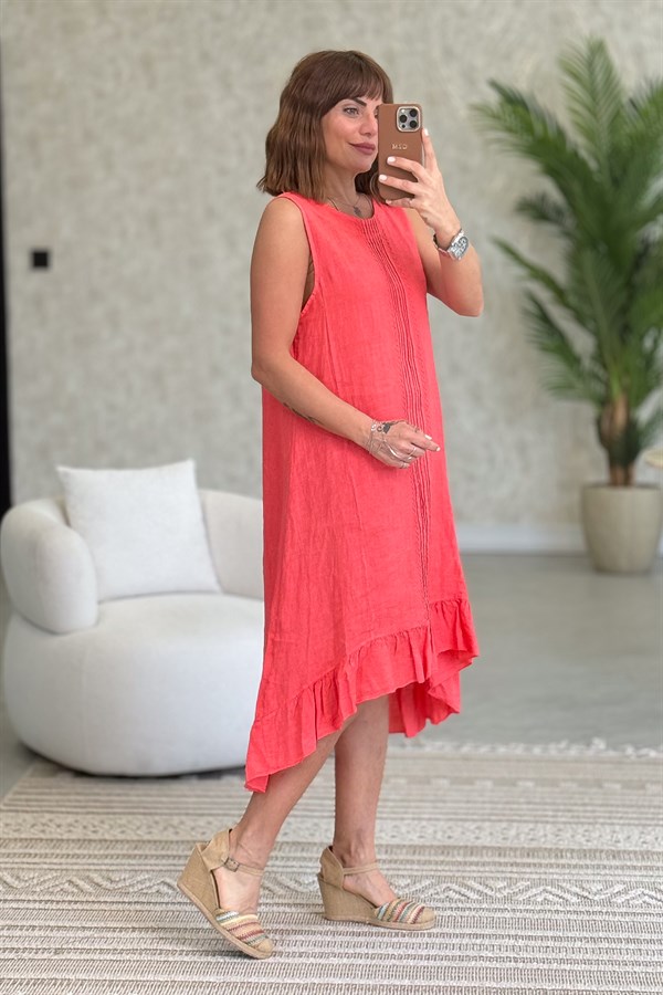 Fırfır Detaylı Önden Şeritli Kolsuz Keten Elbise Nar Çiçeği Renk