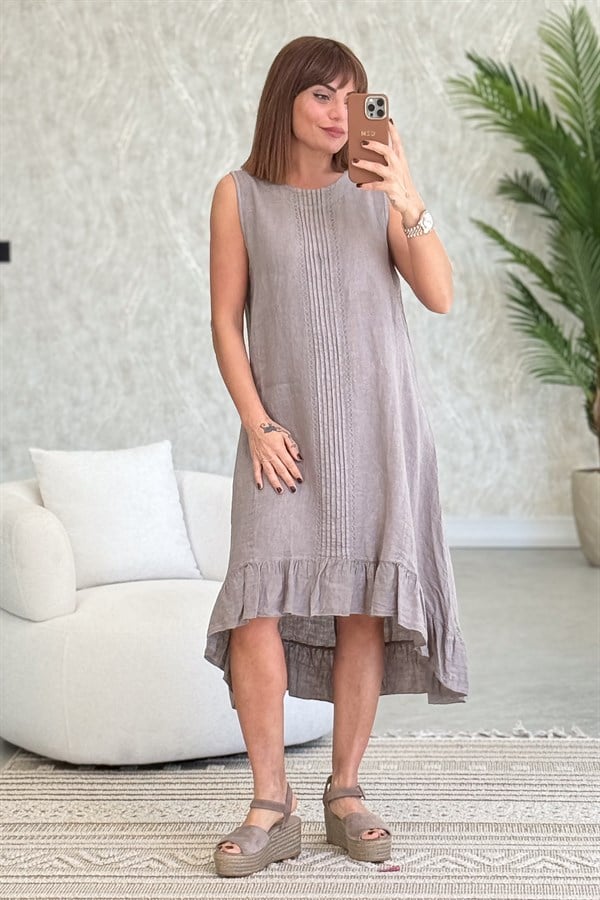 Fırfır Detaylı Önden Şeritli Kolsuz Keten Elbise Vizon RenkELBİSE