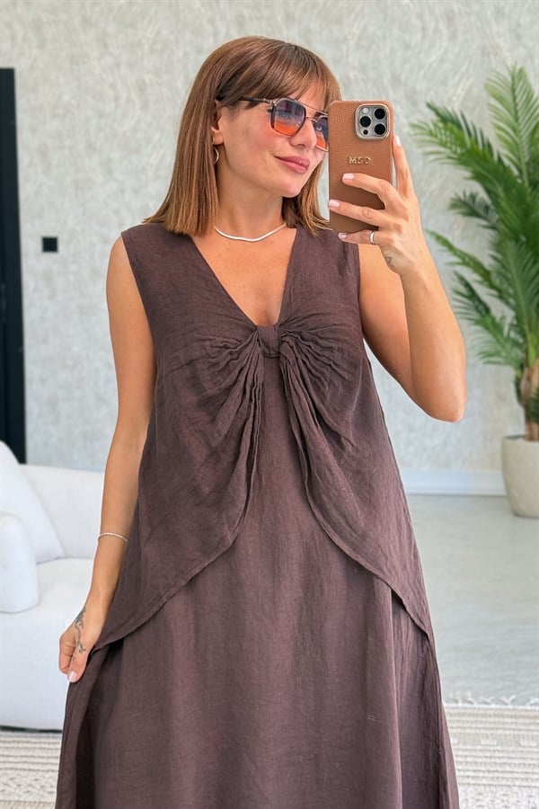 Fiyonk Detaylı Keten Elbise Acı Kahve Renk