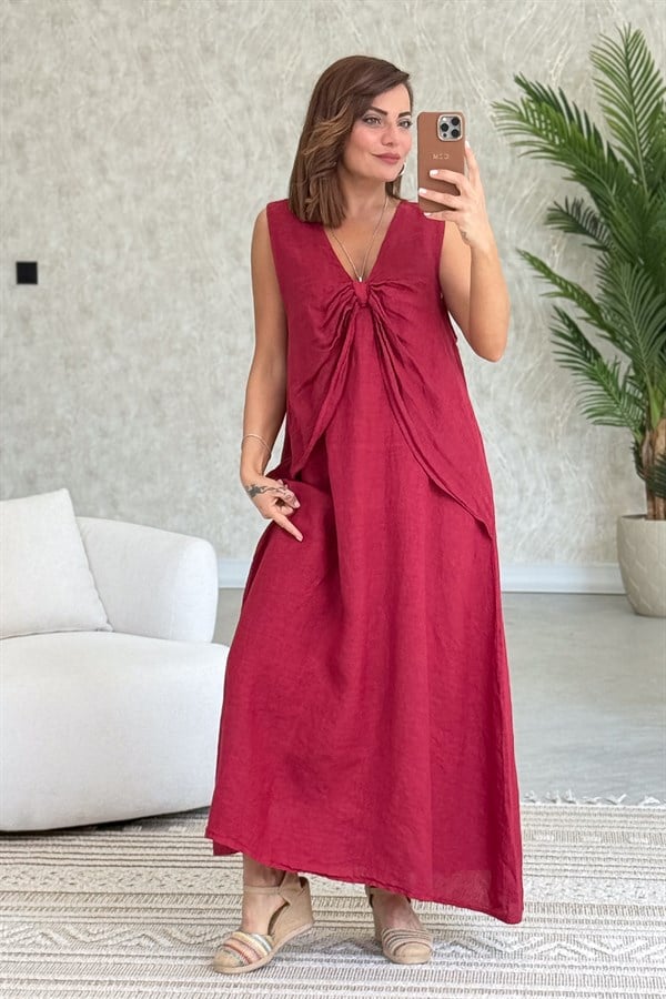 Fiyonk Detaylı Keten Elbise Bordo RenkELBİSE
