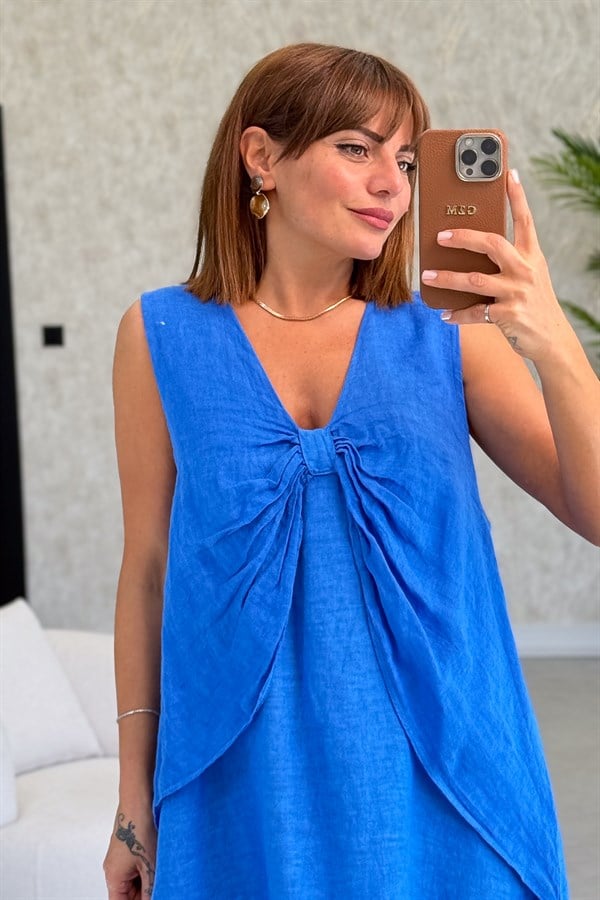 Fiyonk Detaylı Keten Elbise Saks Renk